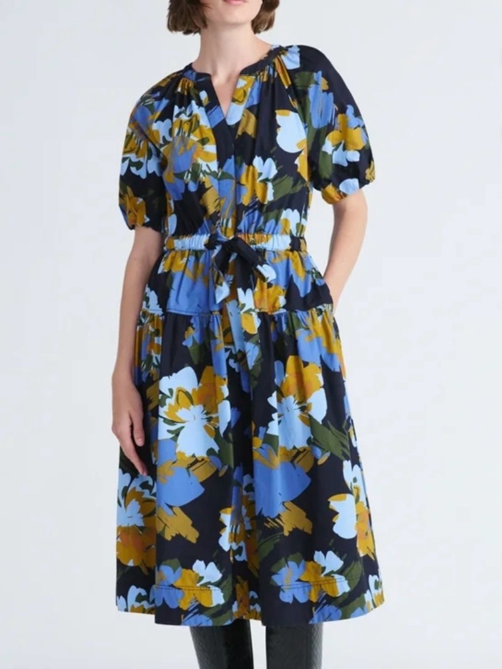 Tie-Waist Floral Midi Dress in Navy Blue and Mustard